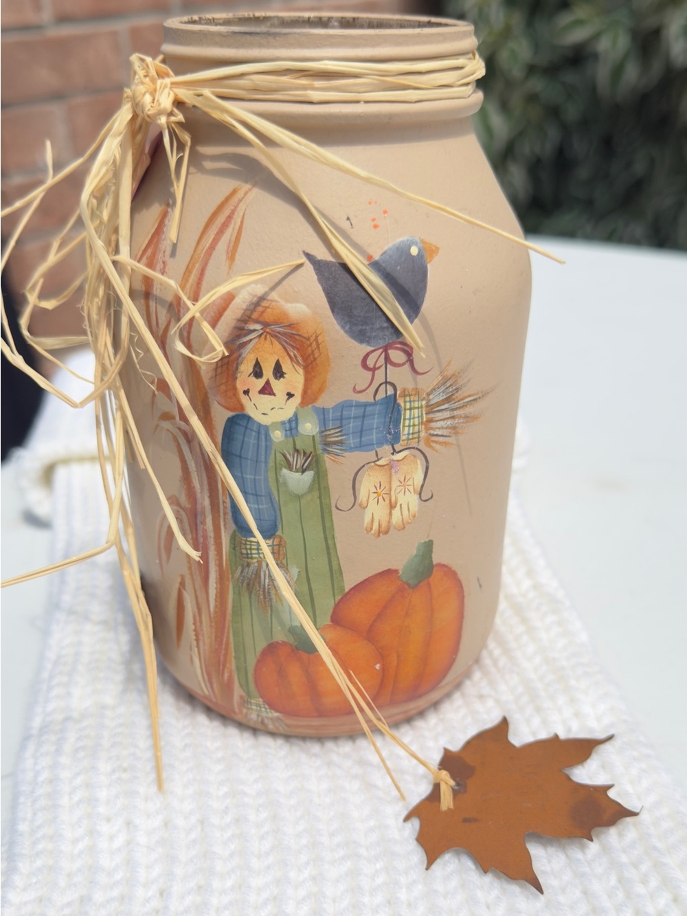 Hand-Painted Fall Scarecrow Jar 🌺 - Picture 1 of 5